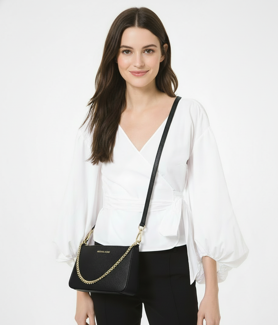 NWT Michael Kors Jet Set Medium Saffiano Leather Crossbody Bag In Black